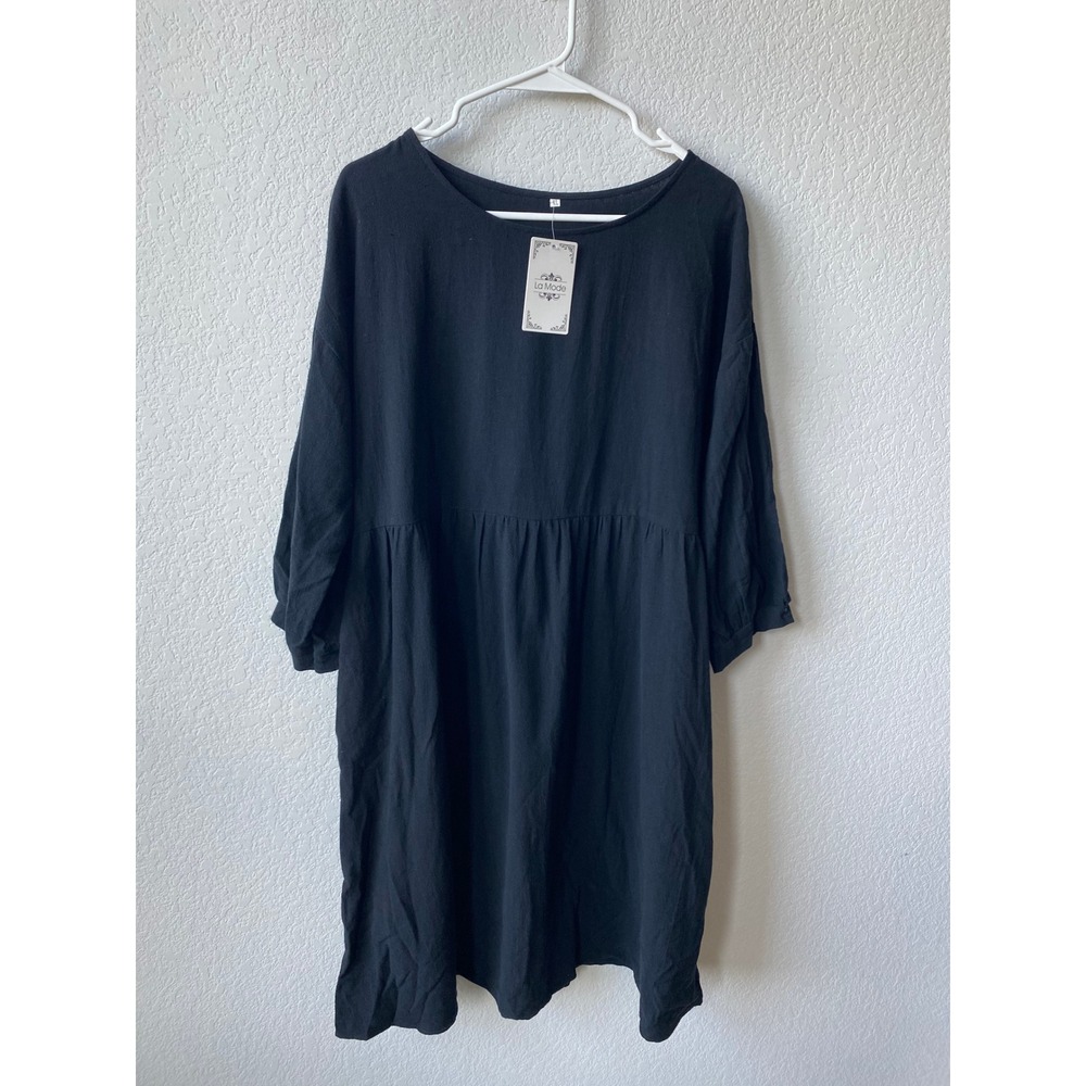La Mode Women Textured Babydoll Minimalist Smock Dress Size XL Black Pocket